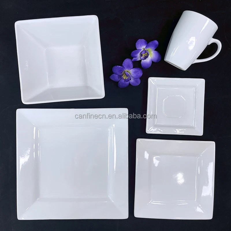 Cheap Europe Dinnerware China 30Pcs White Dinner Sets Stoneware Square Deep Plate With Ceramic Tea Cup and Saucer for Restaurant