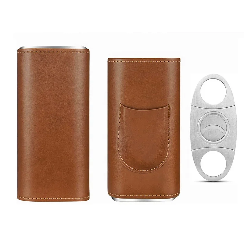 Portable Luxury Cigar Box Holsters 3 Finger Travel Humidor Cabinet Genuine Leather Cigar Case Bag with Cutter