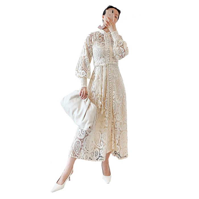 
Paisley Flower Hollow Out Embroidery Lace Female Stand Collar Bag Buckle Lantern Sleeve Long Skirt Dress 
