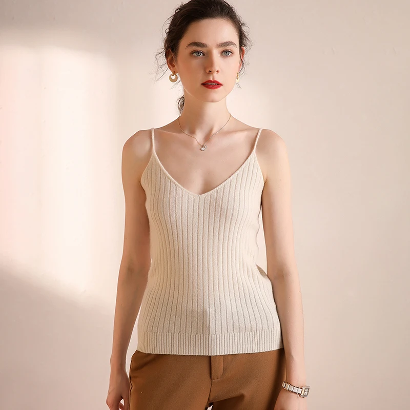 Fall Spring Girls Crops Sleeveless Vneck Fashioned Mink Cashmere Winter Sweaters Women
