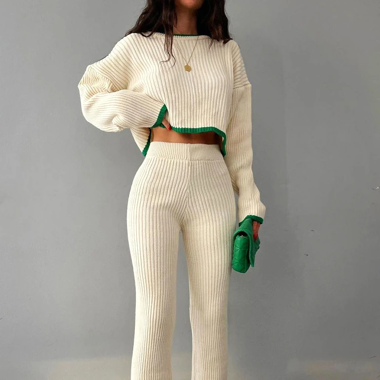 Fashion New Knitted Trousers Crewneck Cropped Sweater Split Knit Sweater Suit Women 2 Pieces Clothing Sets