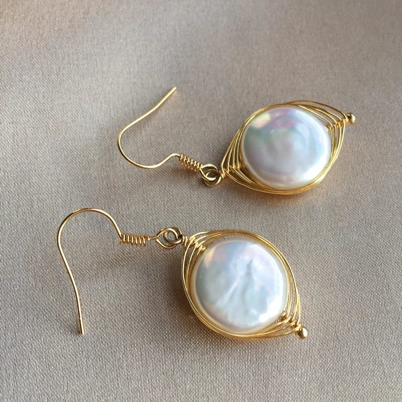 100% handwrap 14k gold filled culture fresh water 13-14mm large baroque coin pearl earring