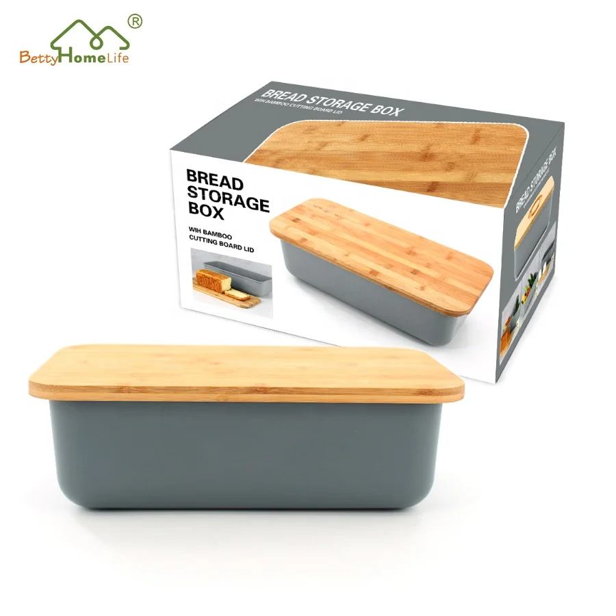 New Design Large Square Shaped Plastic Bread Bin Storage Box Container With Wooden Bamboo Cutting Board Lid