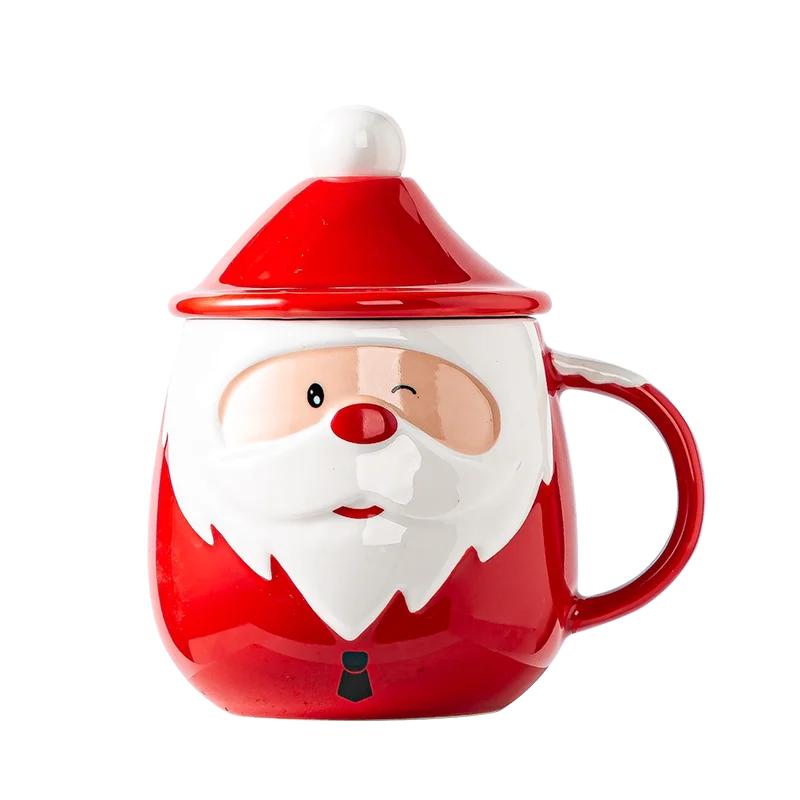 Christmas Decorative Funny Coffee Mug with Lid and Spoon Ceramic Classic Santa Head Beverage Drinking Mugs New Year Holiday Gift