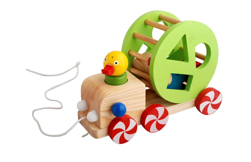wood duck animal trailer toy wooden pull string baby car toy