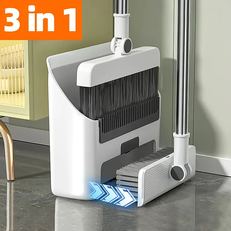 3-in-1 Long Handle Broom Dustpan Combo Set Heavy-Duty Indoor Outdoor Sweeping Tools Home Bathroom Office School Dorms Cleaning