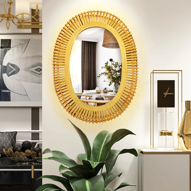 Fancy Pastoral Farmhouse Accents Decorative Oval Rattan Bamboo Frame Mirrors Decor Art Hanging Wall Mounted Mirror