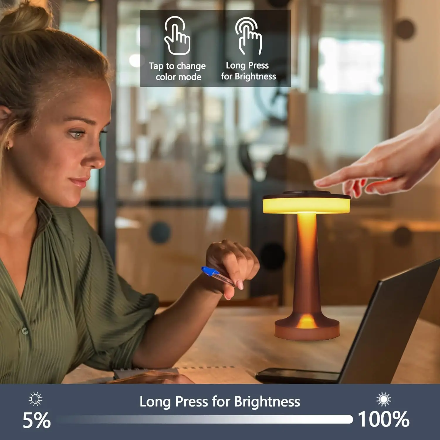 Modern Cordless Small Table Lamp for Bar Restaurant, Rechargeable USB Touch Dimming 3 Light Color Night Light