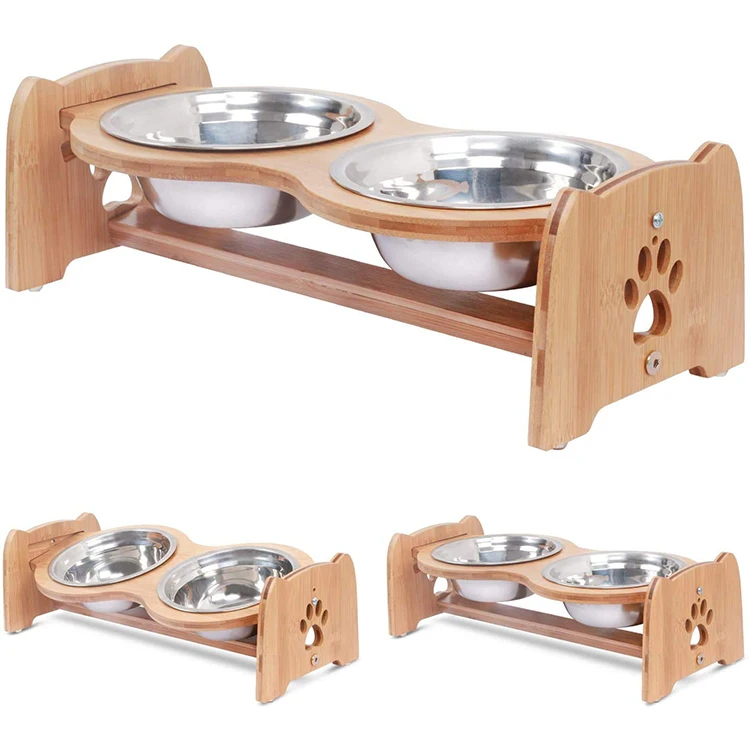 Pet Feeder Bamboo Double Raised Stainless Steel Dog Food Bowl Pet Supplies Drinking Bowl Adjustable Elevated Dog Bowl Stand
