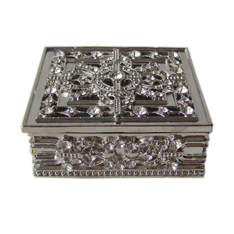 Shiny Silver Crystal Stones Inlaid Rectangle Metal Zinc Alloy Jewelry Trinket Box(#P05673t)