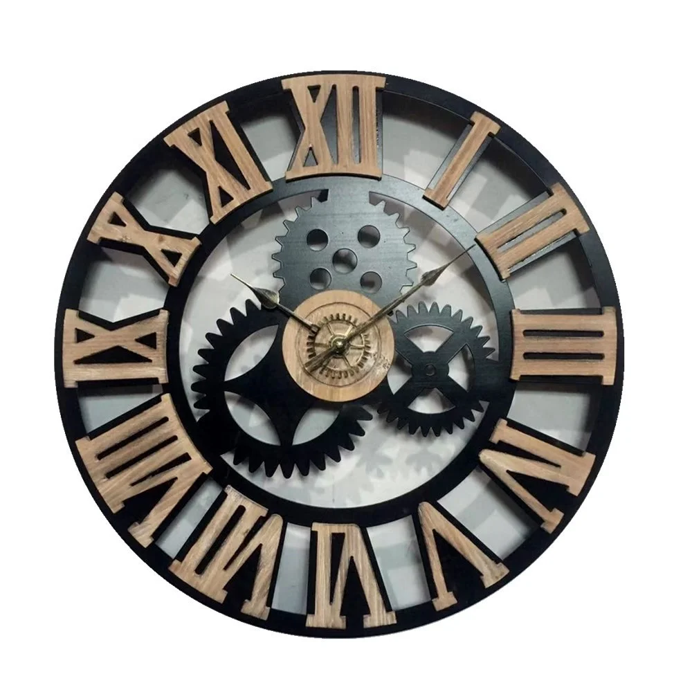 Best Seller Industrial DIY Black Moulded Metal Frame Farmhouse Gear Decorate Wall Clock with 3D Raised Wood Roman Numerals