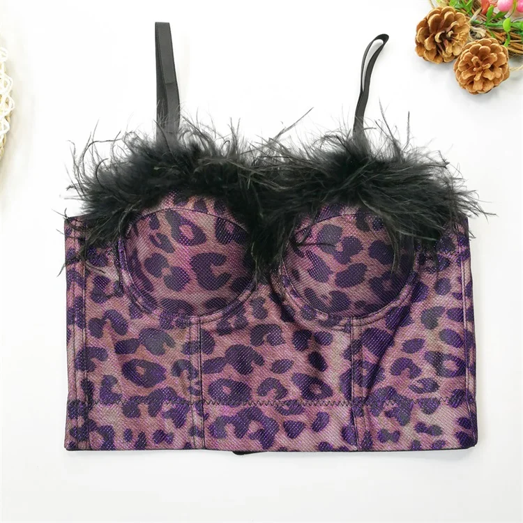 New Feather Vintage Leopard Printed Women Straps Vest Bustier Bra Corsage High Fashion Lingerie Sexy Steel Bone Corset Top Fur