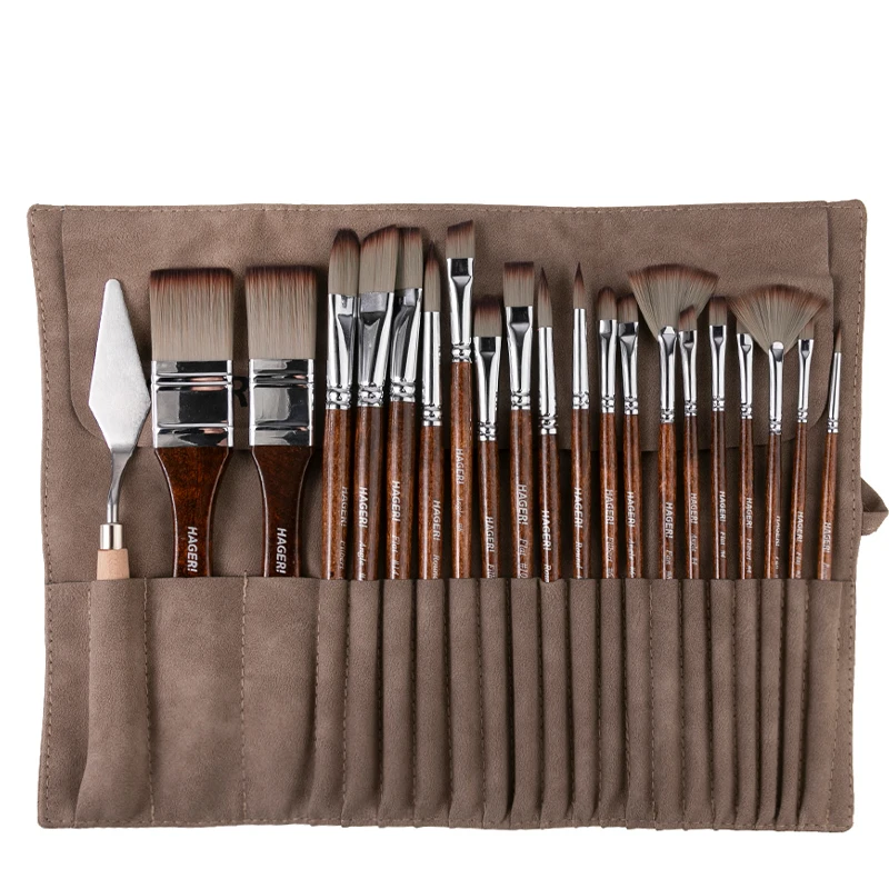 Bo Yi Xuan 24pcs Artist Paint Brushes Set with Canvas Bag Brown Wood Holder for Acrylic Oil Watercolor Gouache Painting