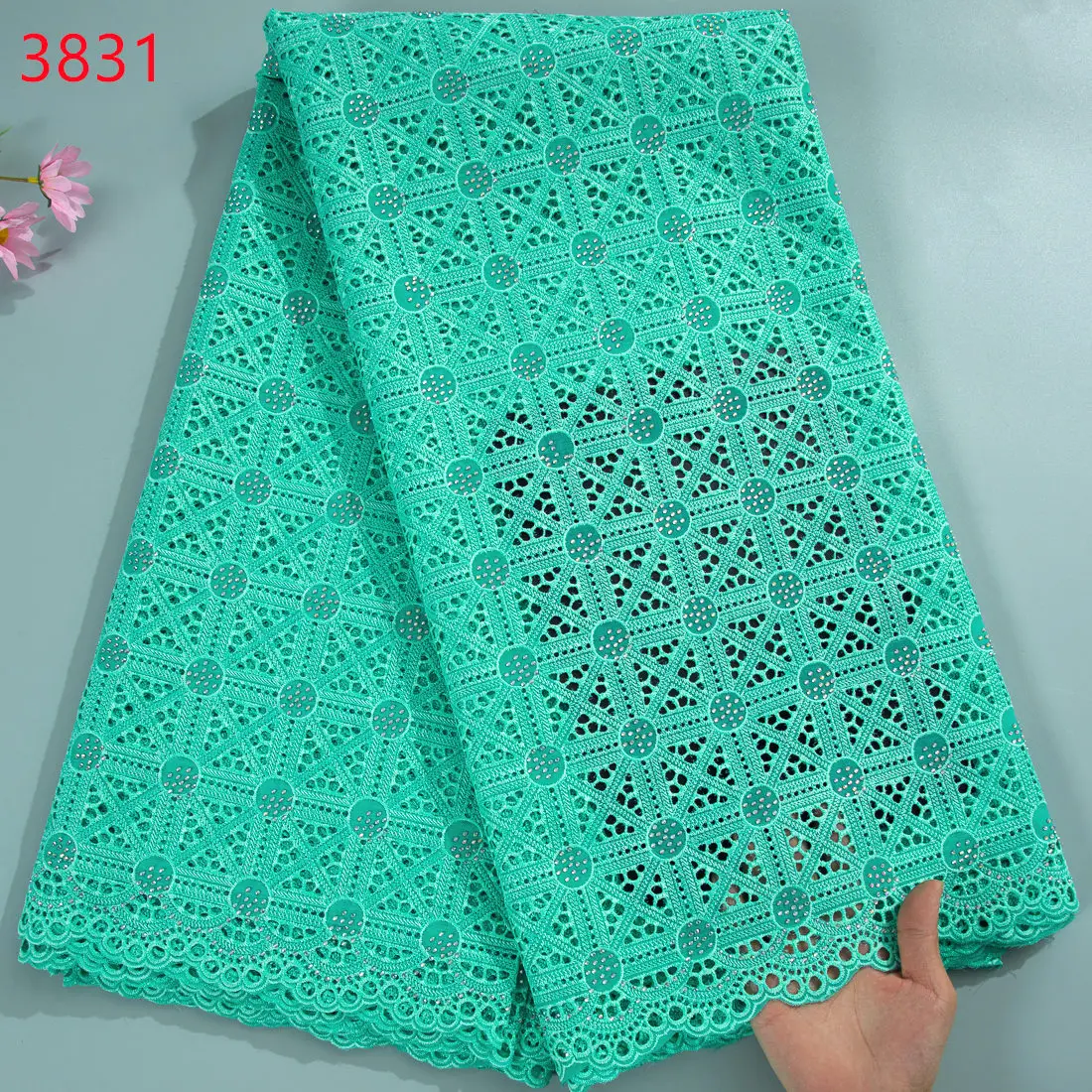 3831Luxury High Quality African Embroidery Cotton Lace Fabric With Shiny Crystals Swiss Lace For Dresses Sewing