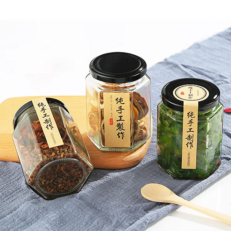 Wholesale Transparent Hexagon Glass Jar  Glass Honey Jam Jar with Metal Lid