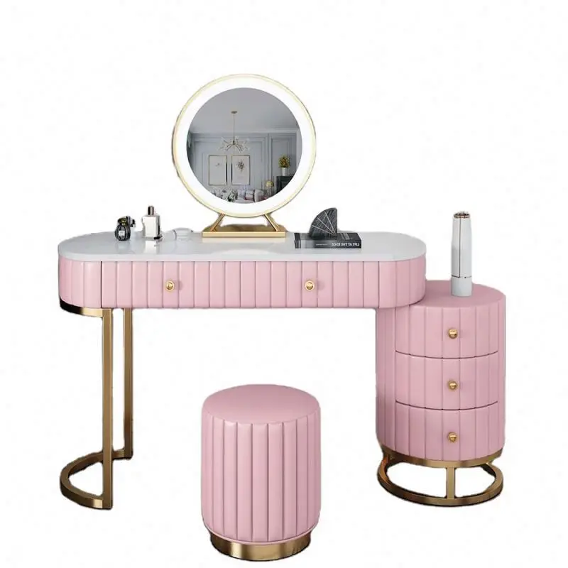 Hot Sale Nordic Luxury Pink Dressing Table Bedroom Furniture Dresser Set With Mirror And Lights