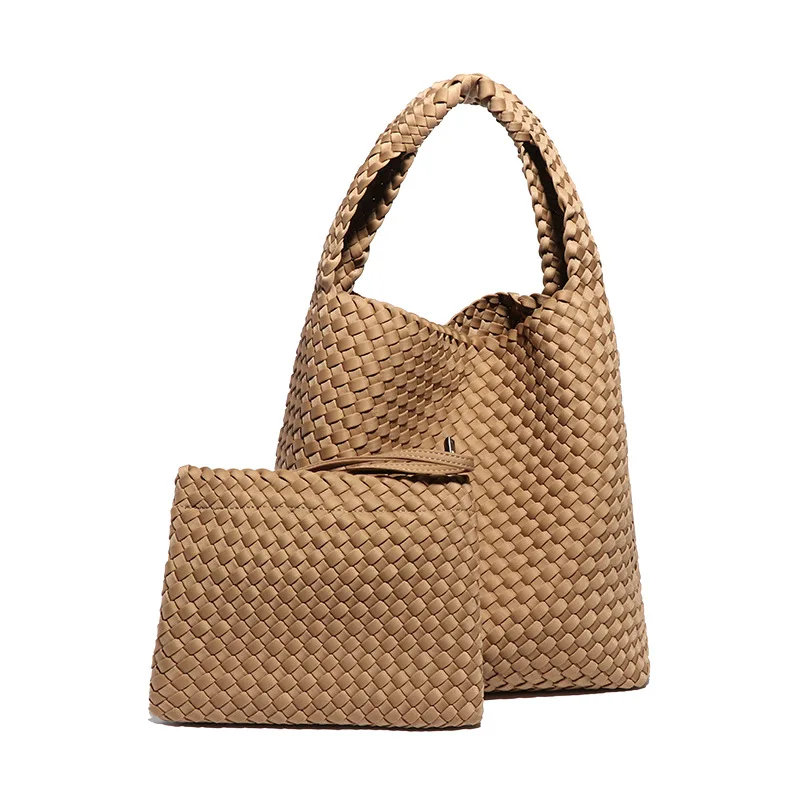 Factory wholesale custom neoprene woven bag women handbag weaved tote bag with small pouch