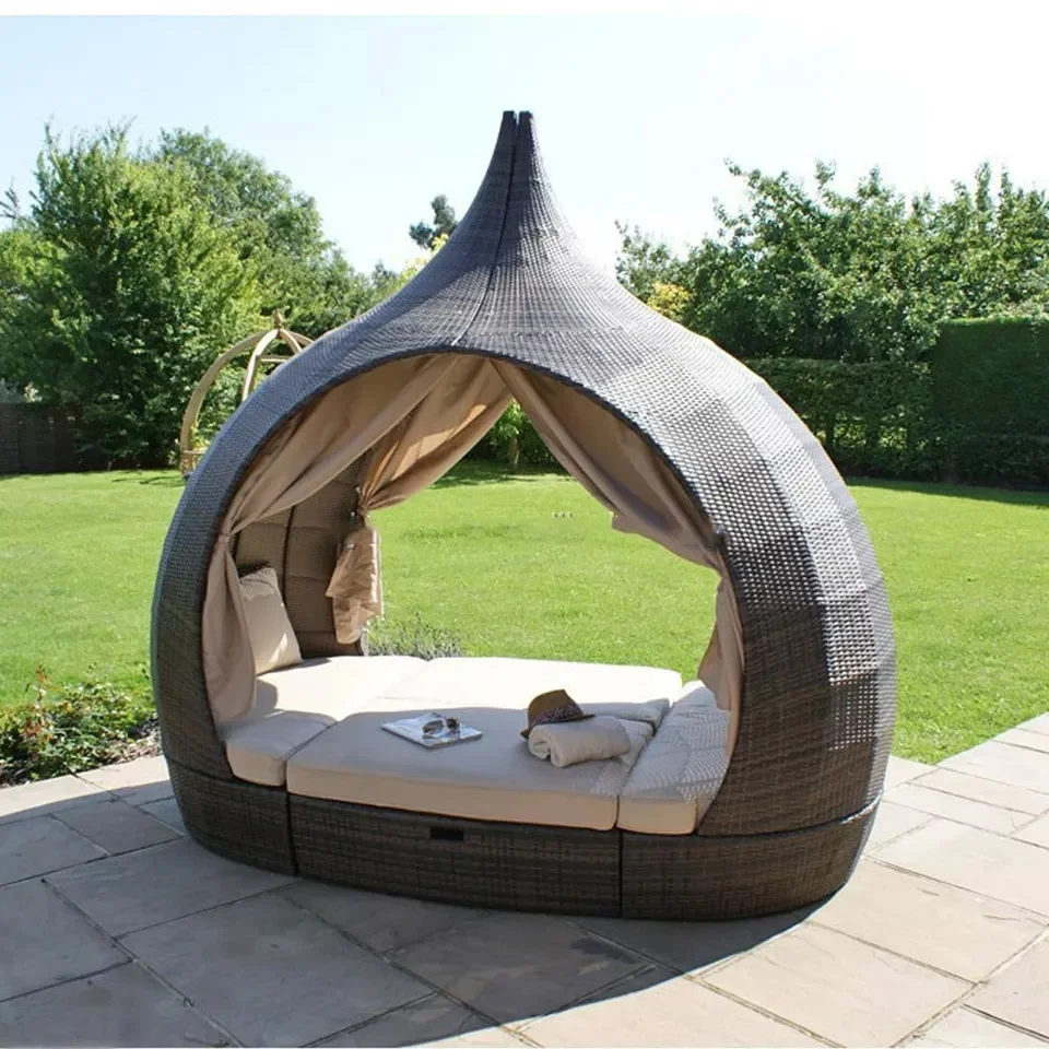 Hot Sale Rattan Wicker Outdoor Round Sunbed Sofa With Canopy air lounger