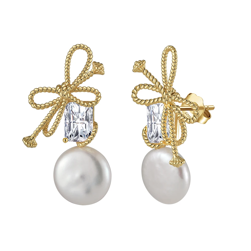 GPE84 RINNTIN Gold Bow Earrings Fashionable Cute 925 Sterling Silver Elegant Glitter Geometric Large Pearl Earrings for Women