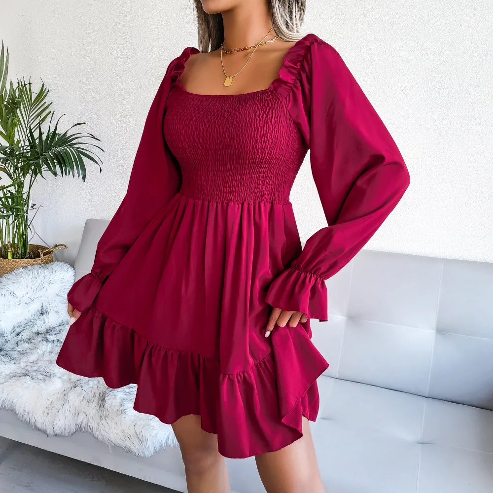 YUNNES Long Sleeves 2023 Women Clothing Pleated Fit and Flare Ladies Casual Korean Dresses