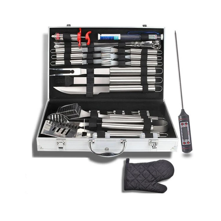32pcs Premium Aluminium Case Custom Logo Gift Box Stainless Steel Skewer Mitten Thermometer Injector Bbq Grill Tool Set