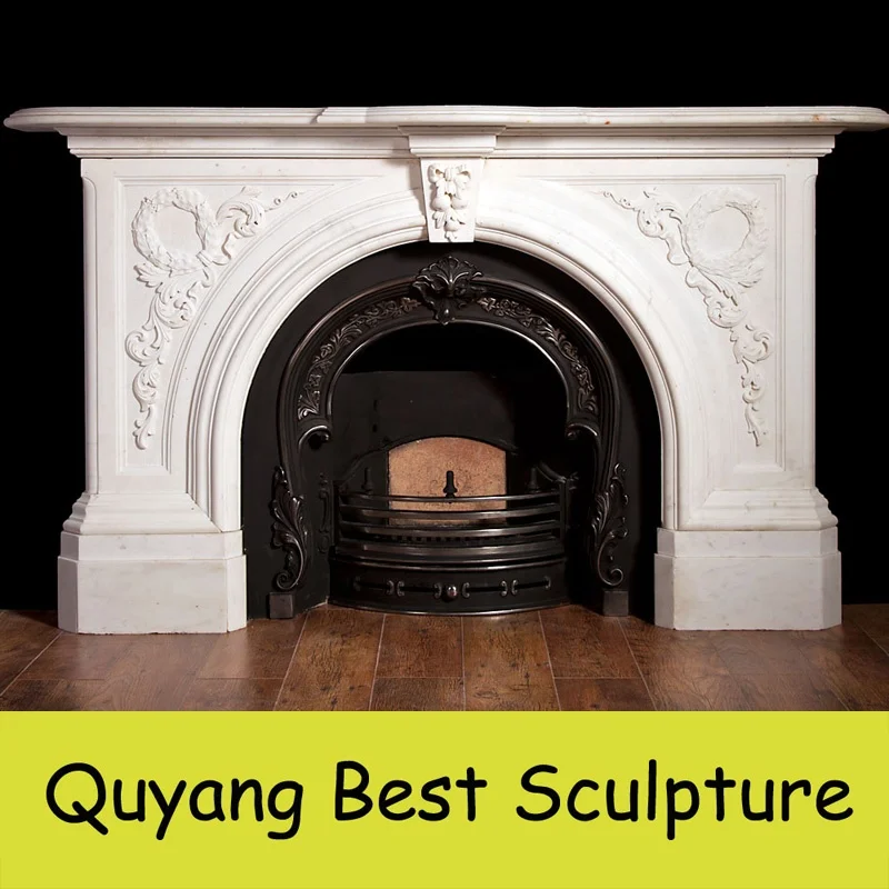 Customized Victorian White Carrara Marble Fireplace Mental with Flower Carving Home Decoration Sculpture