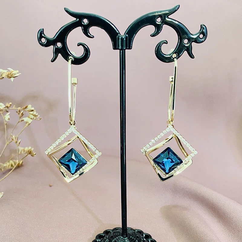 
New hollow geometric blue earrings female fashion temperament 925 silver needle earrings 