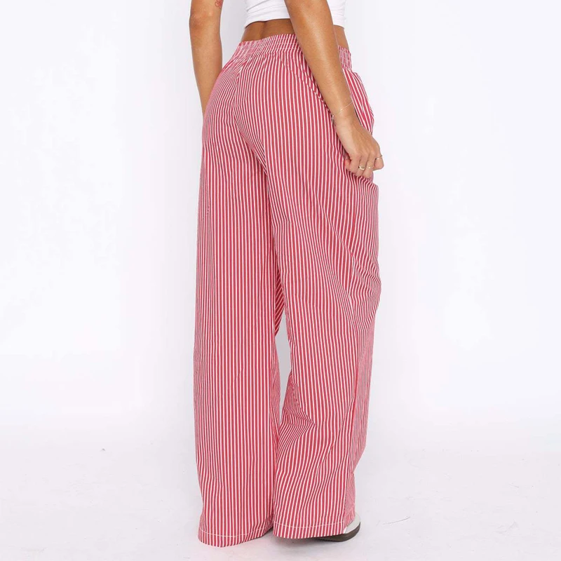 Cotton Poplin PJS Trousers Womens Custom Brand Patches Lounge Pant Wide Leg Striped Pajama Pants Striped Cotton Lounge Pants