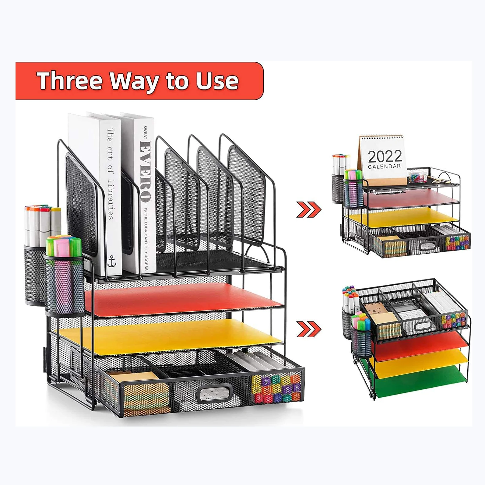 Organizador de archivos de escritorio de oficina de metal negro File Holder