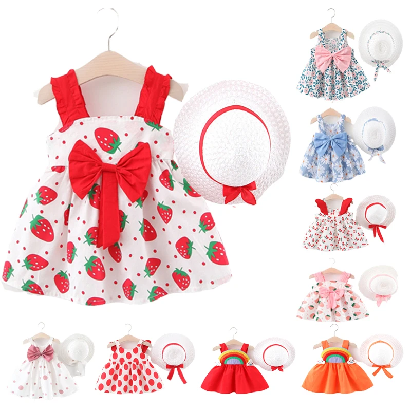 Baby Girls Dresses +Hat 2pcs Clothes Sets girl Clothes Baby Sleeveless  Party Princess Infant Dress Newborn Princess Dress