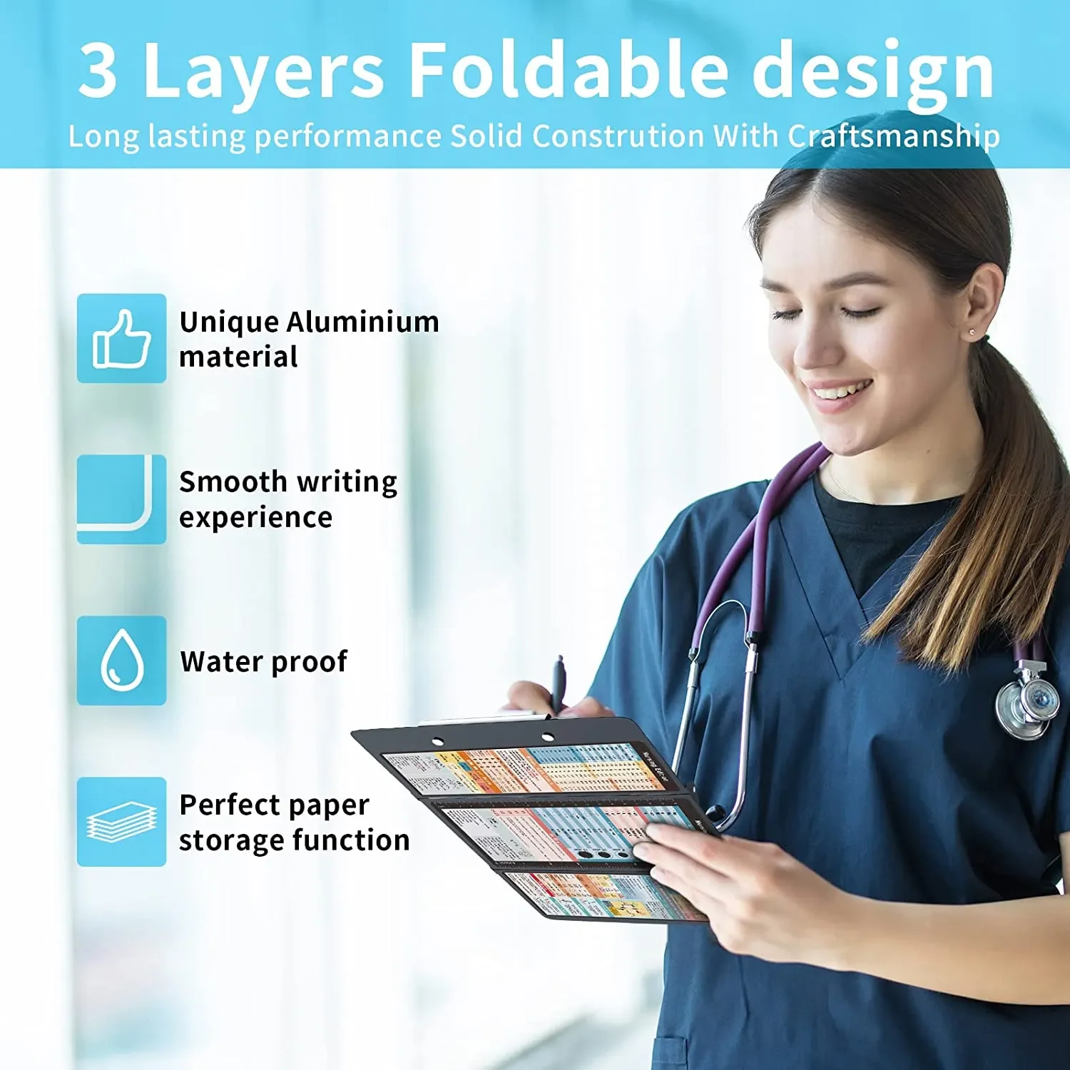 Nursing Clipboard Foldable Nursing Edition Cheat Sheets 3 Layers Aluminum Nurse Clipboard Pen Clip Pocket Clipboard