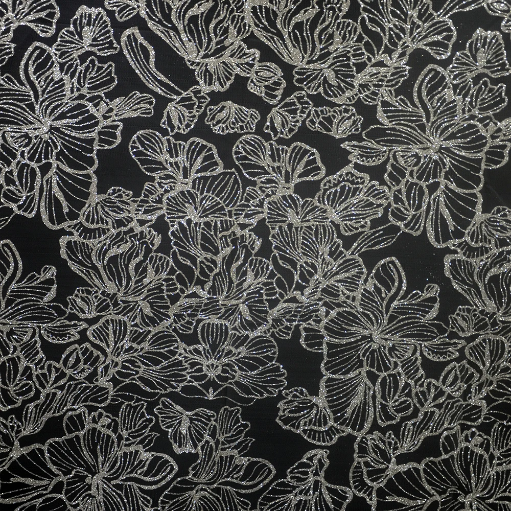 CYG-WJ-10039 flower leaf pattern fancy tulle mesh glitter sparkle shinny embroidery tulle mesh fabric for wedding evening dress