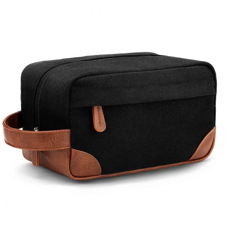 Custom Makeup Organizer Pouch Eco-friendly Canvas Leather Shaving Dopp Kit Travel Hanging Toiletry Bag For Men