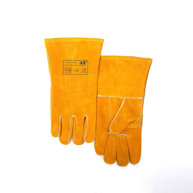 
AP-0909 100% Soft Cotton Lining heavy duty working gloves split cow leather Golden welding Gloves 