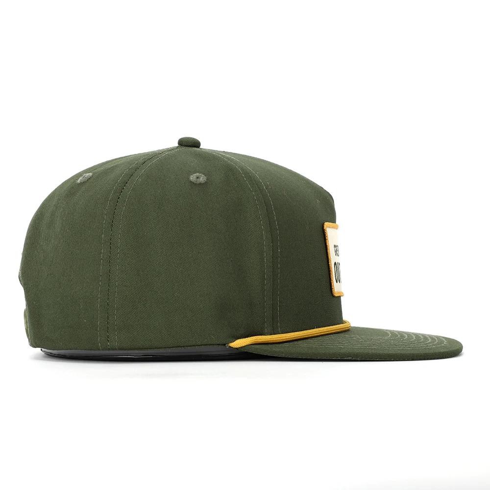 BSCI Oem Custom High Quality Classic 5 Panel Army Green Cotton Embroidery Woven Patch Logo Rope Snapback Cap Hat