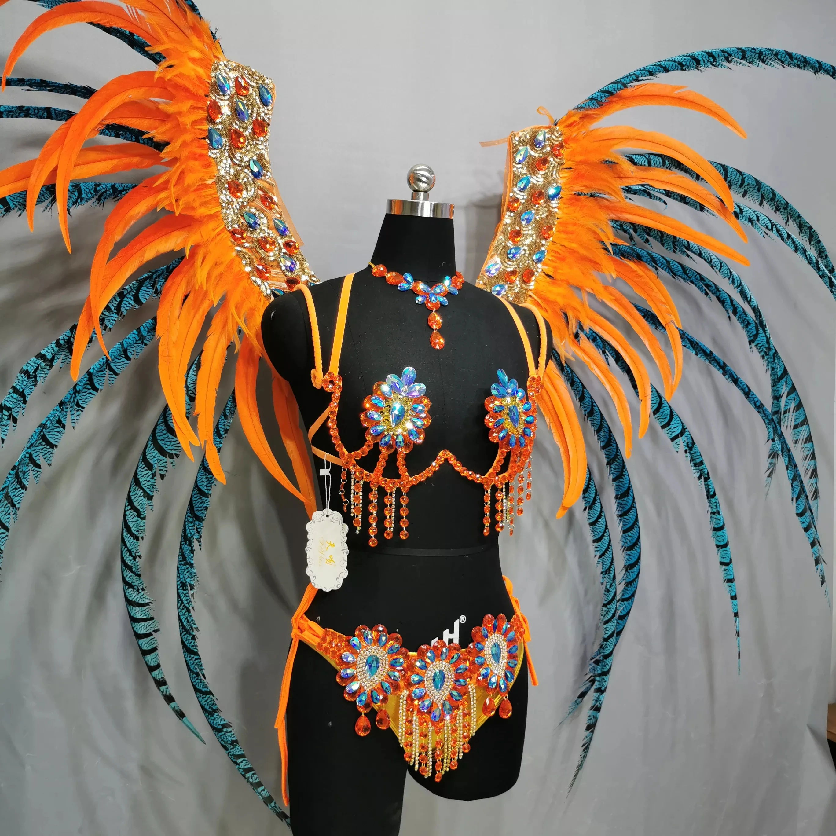 Luxury Sparkly Handmade Samba Dance Costume Rio Carnival Wire Bra+Panty+Feather Headdress With Stone Sexy Belly