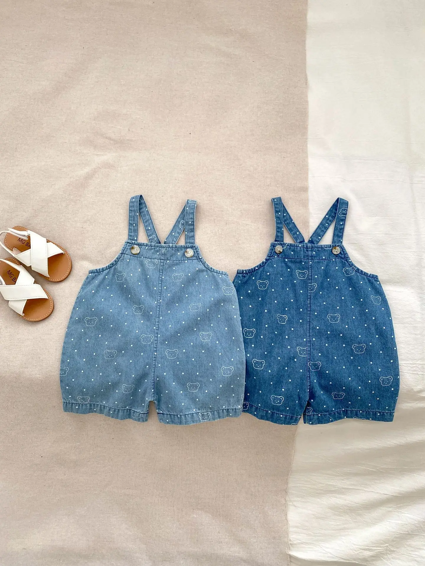 New design summer baby clothes suspender onesie cute bear print baby denim overalls