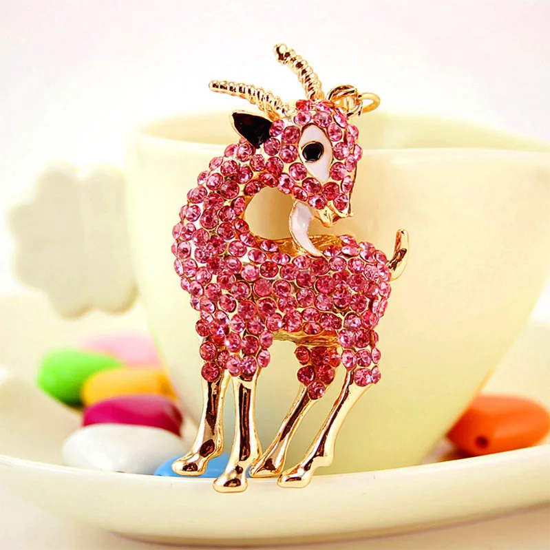 Environmental Protection Metal Zinc Alloy Gold Plated Animal Goat Sheep Pendant Crystal KeyChain For Girl