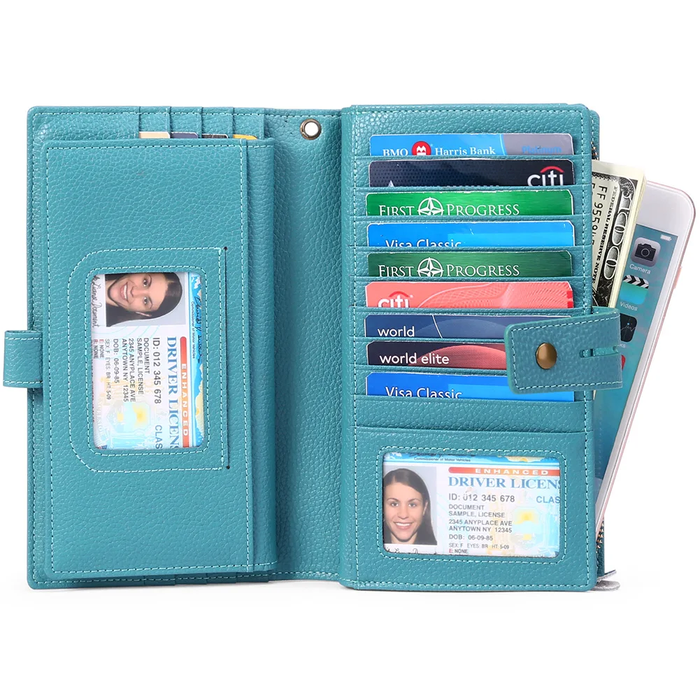 Latest Vintage Ladies Wallet RFID Blocking Leather Purse with Zipper Closure Button Fold Styles Lining Coin Long purse Women