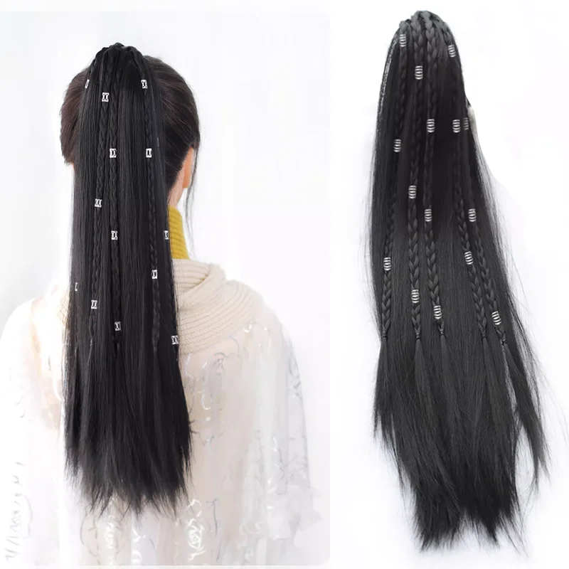 Ancient costume Hanfu wig horse face skirt grab clip silver buckle braid ponytail ancient style knight unisex  ponytail
