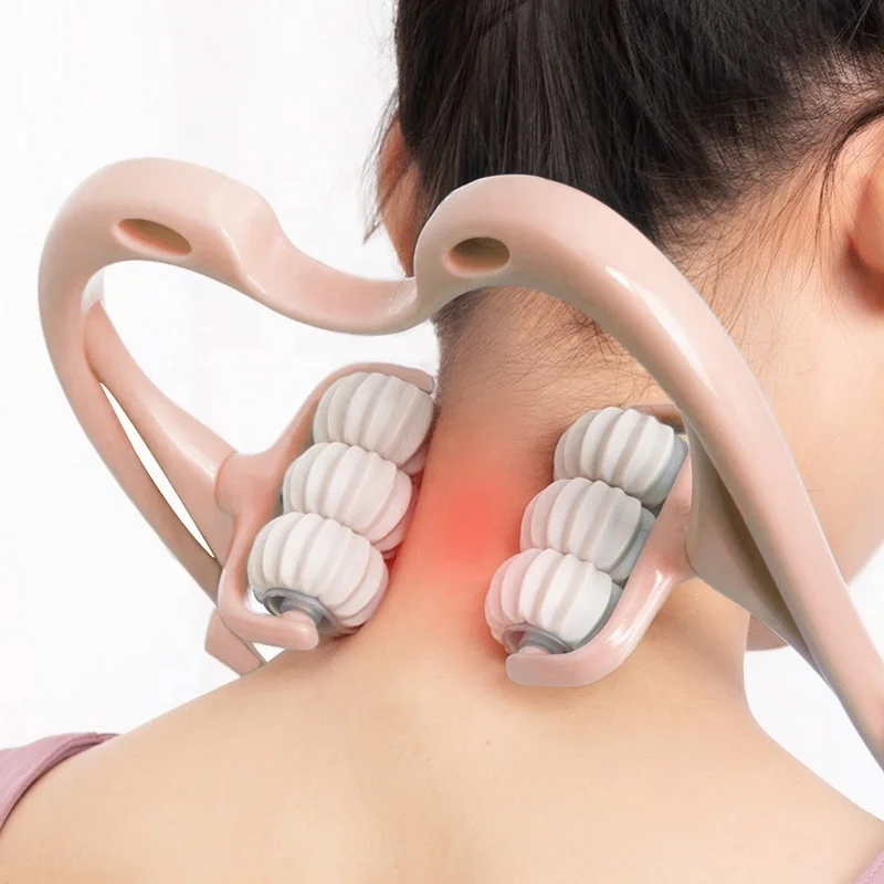Pink Portable Manual Neck Massager Tool PP TPR Handheld 6 Wheel Pressure Point Neck Massager