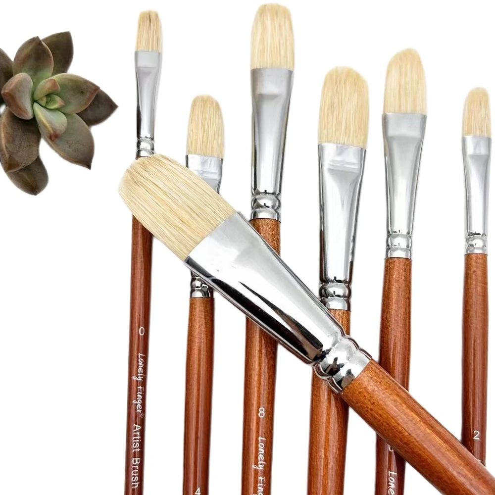 7pcs Professional Premium Bristle Paint Brushes Set, Long Handled Filbert Artist Brushes, 100% Natural Chungking Hog Bristle