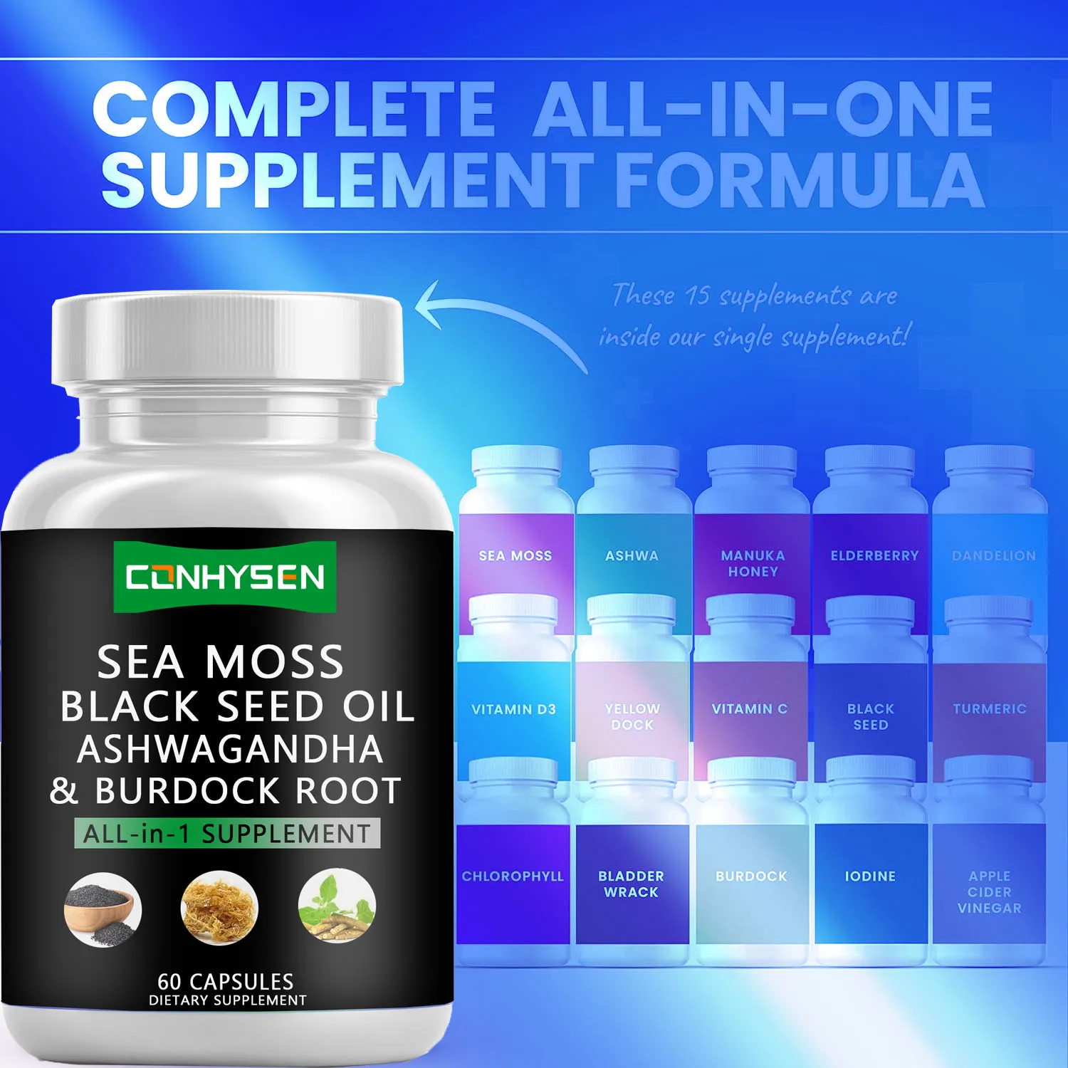 Private Label Sea Moss Capsules Herbal Supplements Black Seed Oil 95% Turmeric Extract Bladderwrack Burdock Root OEM