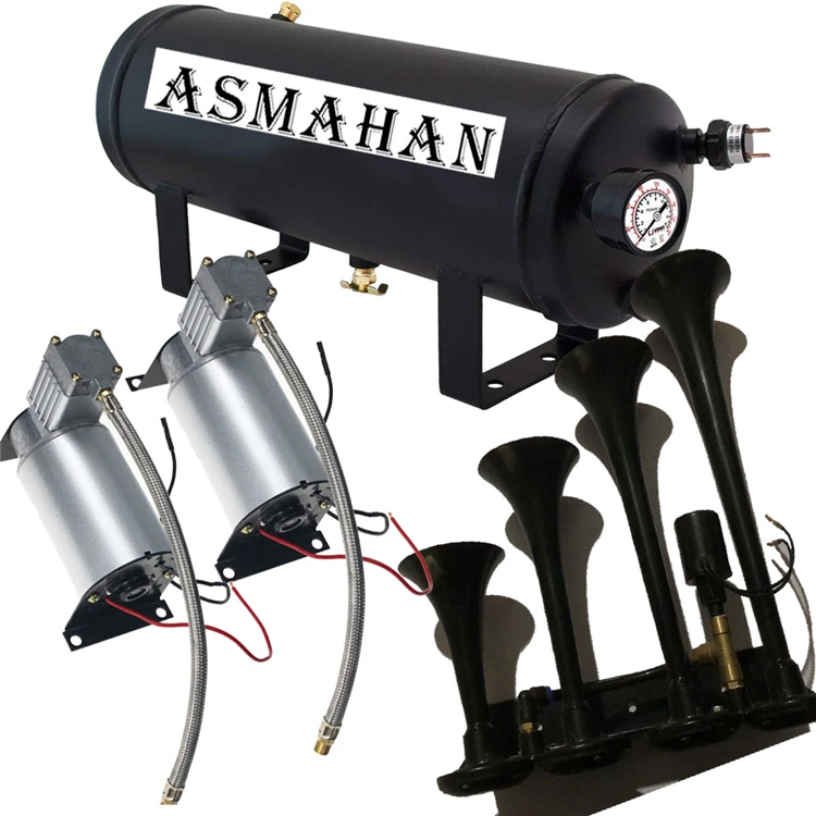 4Trumpet Air Horn 12V Compressor Kit Blue Tank Gauge For Train Truck Car 150PSI Trumpet Air Horn