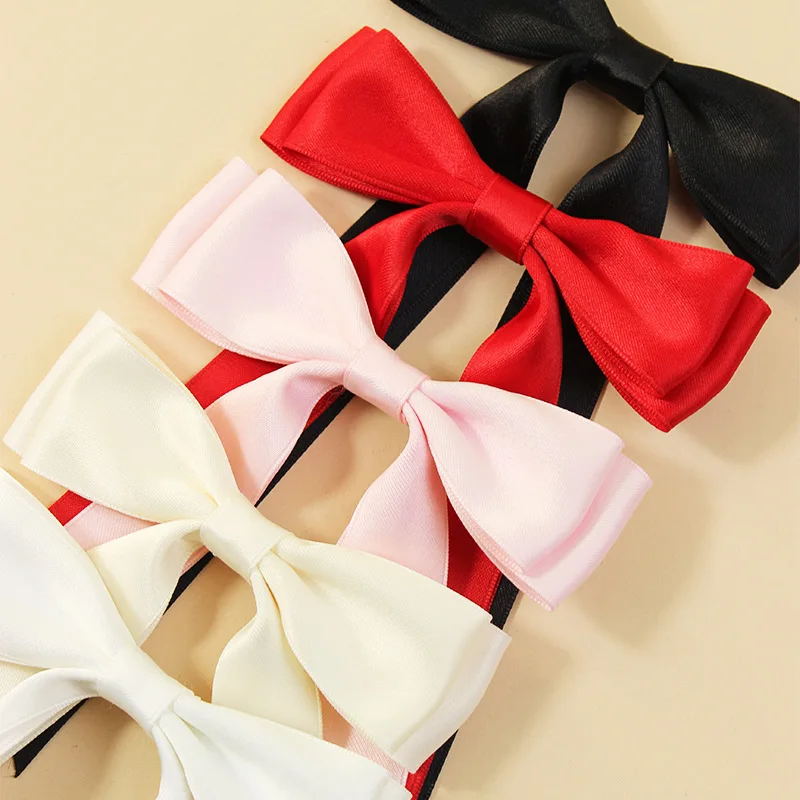 Wholesale Solid Color stain Bow Hair Accessories Double Layer Long Ribbon Bow Hair Clips For Women Girls