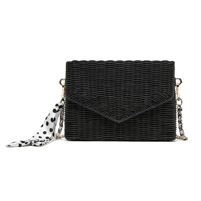 Ladies summer sea beach rattan bags shoulder straw bag eco friendly bohemian handmade straw bags with metal chain