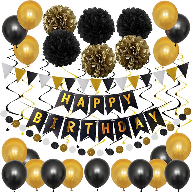 
Happy Birthday Decorations Blue For Men and Women Banner Star & Polka Paper Garland PomPom Fans Balloons&Inflator 