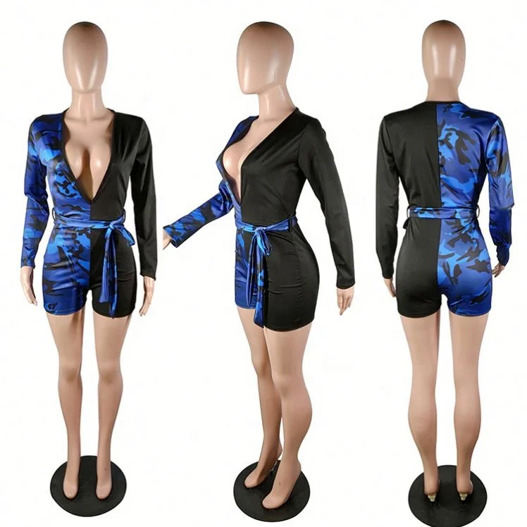 S504  new design deep V neck camouflage bodycon short Rompers Womens Casual Jumpsuit 2020