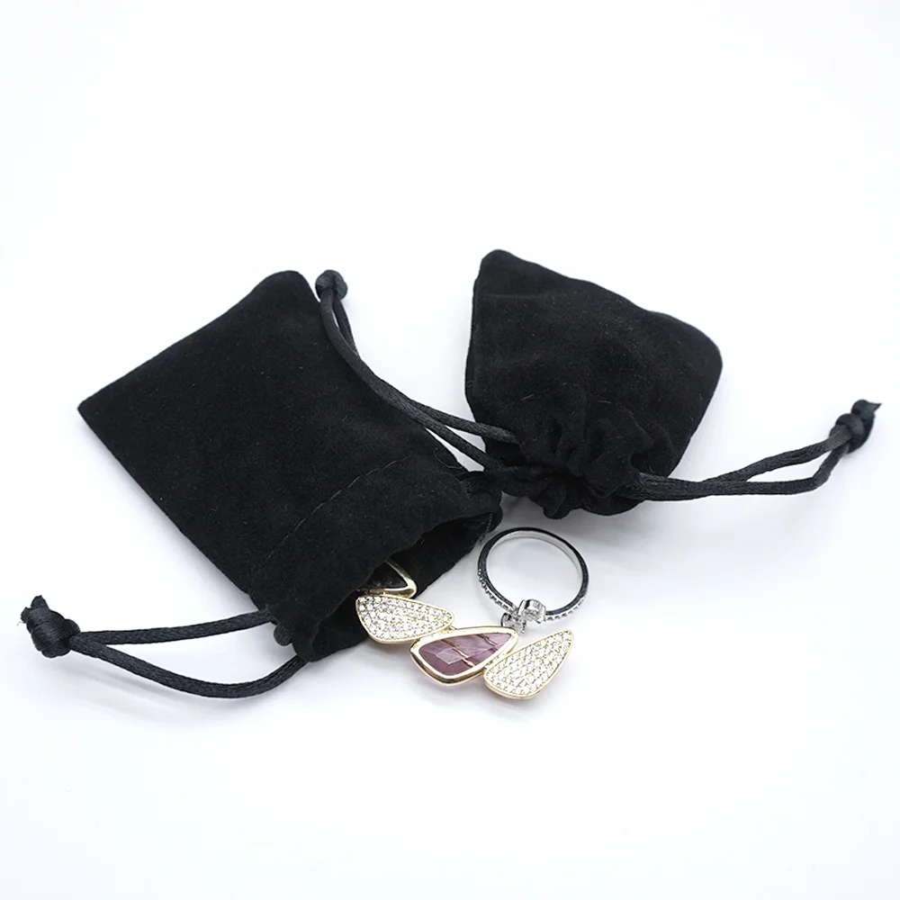 Custom Size Logo Long Style Recyclable Jewelry Packaging Mini Velvet pouch Silver Gift Bag Small Drawstring Velvet Bag