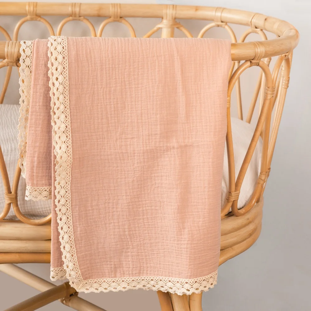 Custom cut and sew great quality so soft luxury double layers lace boho fringe trim baby swaddle